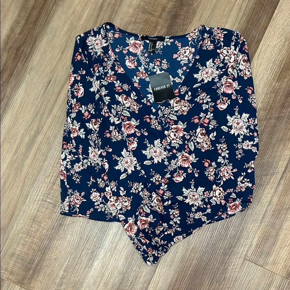 Forever 21 Dark Blue Floral Sheer Blouse